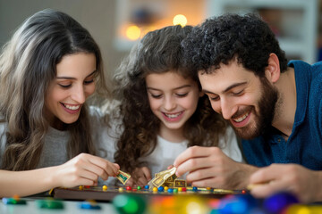 Fototapeta premium A family gathered around the table, playing dreidel, with piles of Hanukkah gelt and colorful decorations in the background.