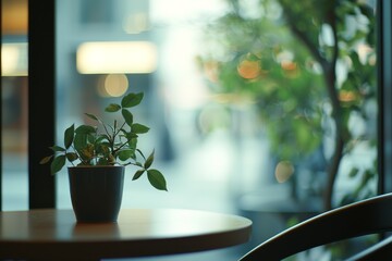 A serene green office space with nature incorporated in the background with a blurred background