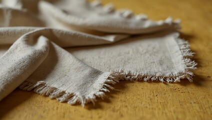 Frayed White Linen Tablecloth on Yellow Background
