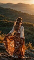 Free-spirited traveler in bohemian attire enjoying a mountaintop view at golden hour.