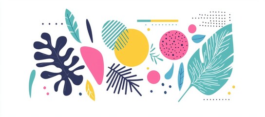 Modern Swiss design aesthetic with abstract geometric shapes and icons. Colorful groovy brutal figures.