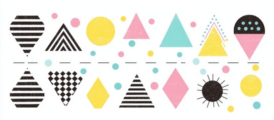 Geometric shapes and icons with whimsical color schemes, groovy brutal figures with a Swiss aesthetic flair.