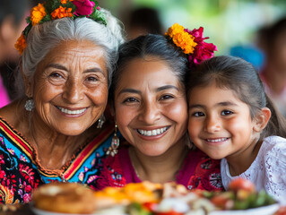 A family wearing traditional Hispanic clothing, celebrating together at a festive event, sharing food and laughter.