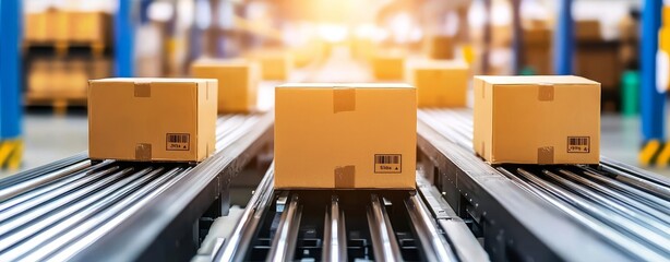 Cardboard boxes moving on conveyor belt in a modern warehouse.