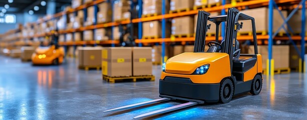 Fototapeta premium Forklift in a warehouse with stacked boxes on shelves in the background.