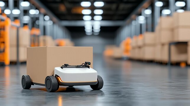 Autonomous delivery robot transporting package in modern warehouse.