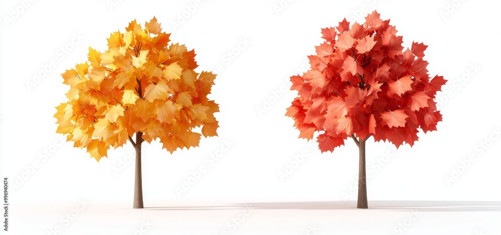 Poster red oak trees in autumn isolated on a transparent background, perfectly cutout and illuminated with 