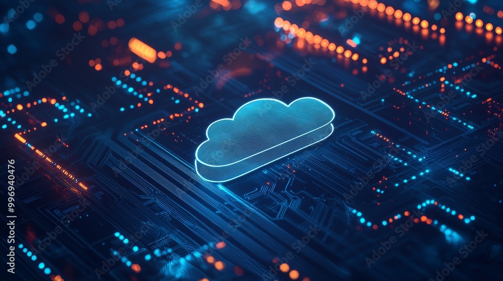 Poster an image of a microchip with a cloud download symbol on it. white neon data flows between the cpu an