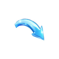 A blue arrow pointing down. The arrow is made of glass and is very shiny. It is on a trasparent background