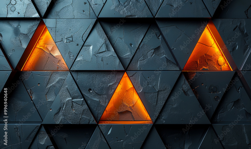 Poster futuristic high-tech 3d render of triangular block structure with orange illuminations and dark text