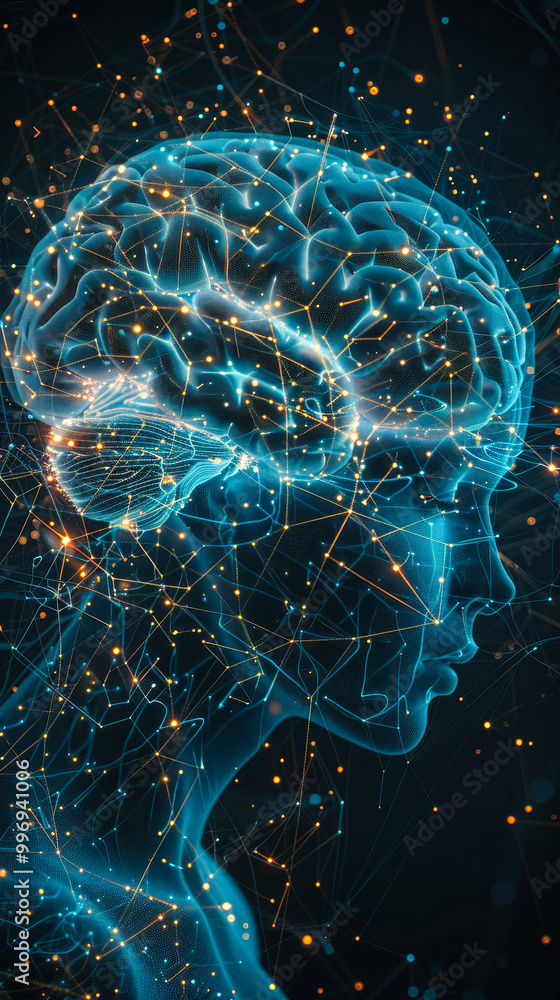 Poster futuristic digital illustration of human brain with advanced smart technology, neural network connec