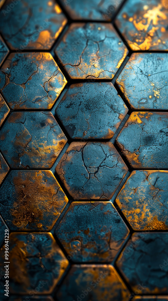 Poster rustic hexagonal metallic pattern close-up with bronze and blue tones, industrial texture background