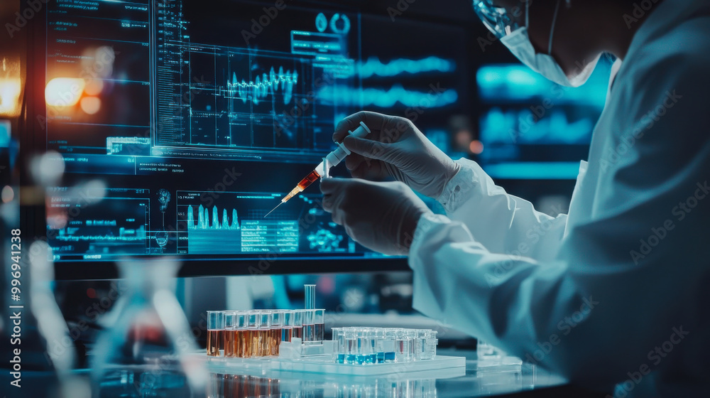Poster scientist conducting experiments in a high-tech laboratory at night, analyzing samples with advanced