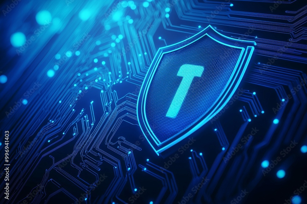 Poster concept of a futuristic cyber security shield centered on an ai interface.