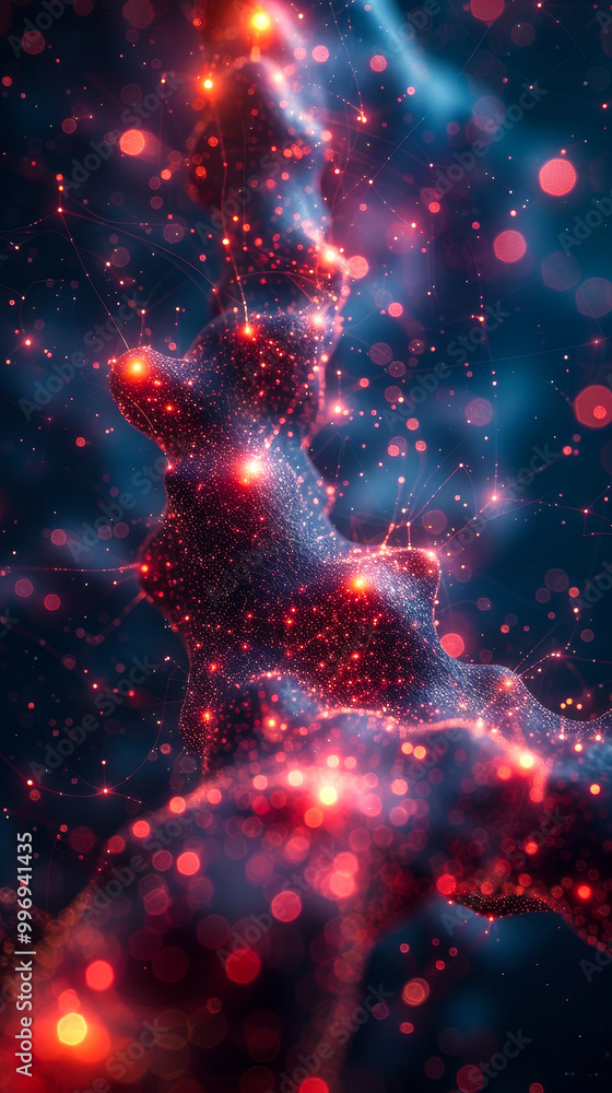 Poster futuristic big data visualization: high-tech particle network in abstract 3d render, illuminated inf