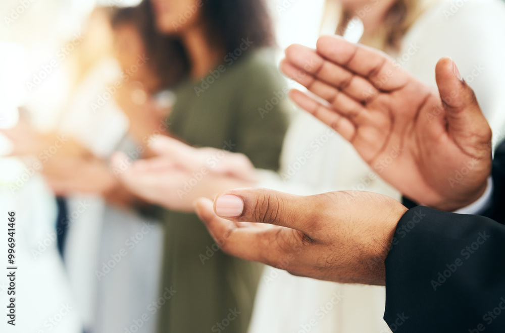 Poster Hands, business and people with clapping in row at office in seminar with congratulations as crowd. Employees, conference and closeup of applause for success, winning and well done as audience