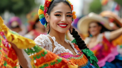 Fototapeta premium A lively street parade with dancers in traditional Hispanic costumes, colorful flags waving, and vibrant music playing, celebrating Hispanic Heritage Month.