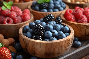 Fresh Summer Berries in Wooden Bowls - Healthy Snacks and Culinary Ingredients