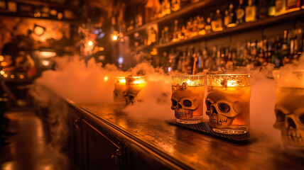A long wooden bar covered with Halloween themed