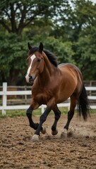 Horse galloping freely in the riding arena.
