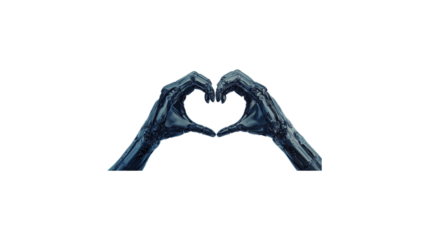 Two robotic hands are holding each other in a heart shape. Concept of connection and unity between the two robots. png
