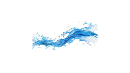 A splash of water on a white background. The water is blue and the splash is large. The splash is in the middle of the image and extends from the left to the right side
