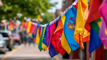 A street filled with flags from various Latin American countries, all celebrating Hispanic Heritage Month with pride and unity.