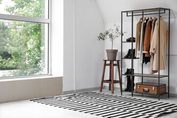 Clothes rack with shoes and plant in dressing room