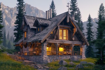 Fototapeta premium A cozy mountain cabin with a stone foundation and wooden beams, nestled among tall pine trees. The house has a warm glow from the windows and a small porch with a view of the mountains.