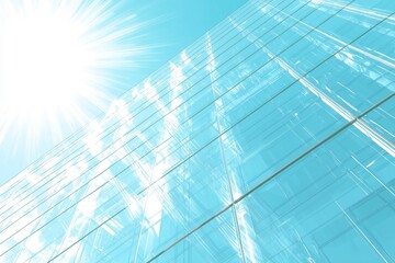 Fototapeta premium This is a view of a skyscraper with dark steel windows on a blue clear sky background. The sun light shines through the windows of a high rise building surrounded by a blue clear sky. A 3D render is