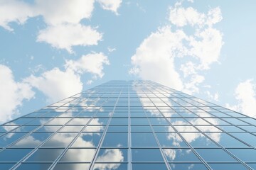 Fototapeta premium An image showing a high rise glass building with a dark steel window system on a blue clear sky background. A rendering of the future architecture looking up to the sun light on the top of the