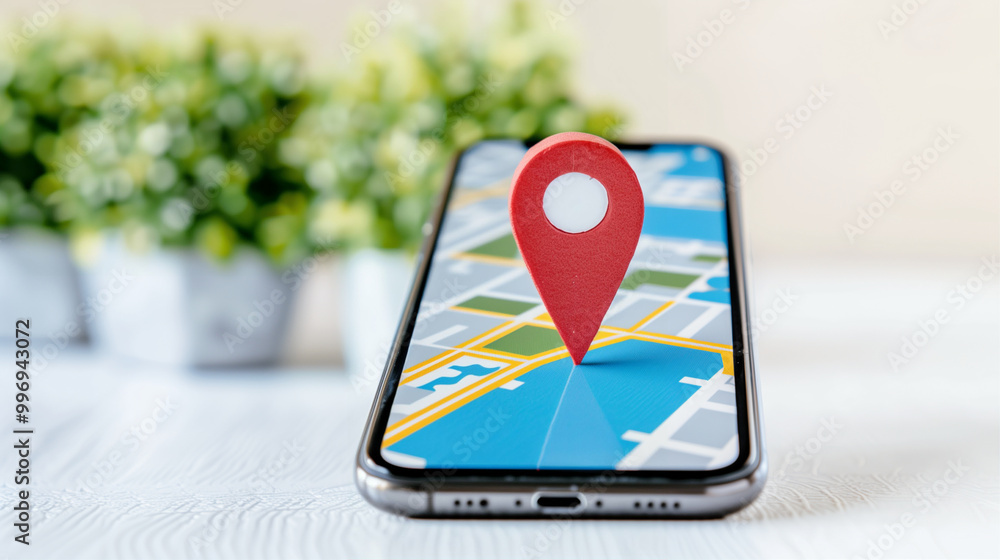 Poster smartphone displaying map location with gps pin on screen