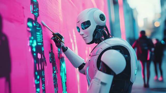 An artist passes a pen to an AI robot symbolizing the transition to stock in a concept illustration of art