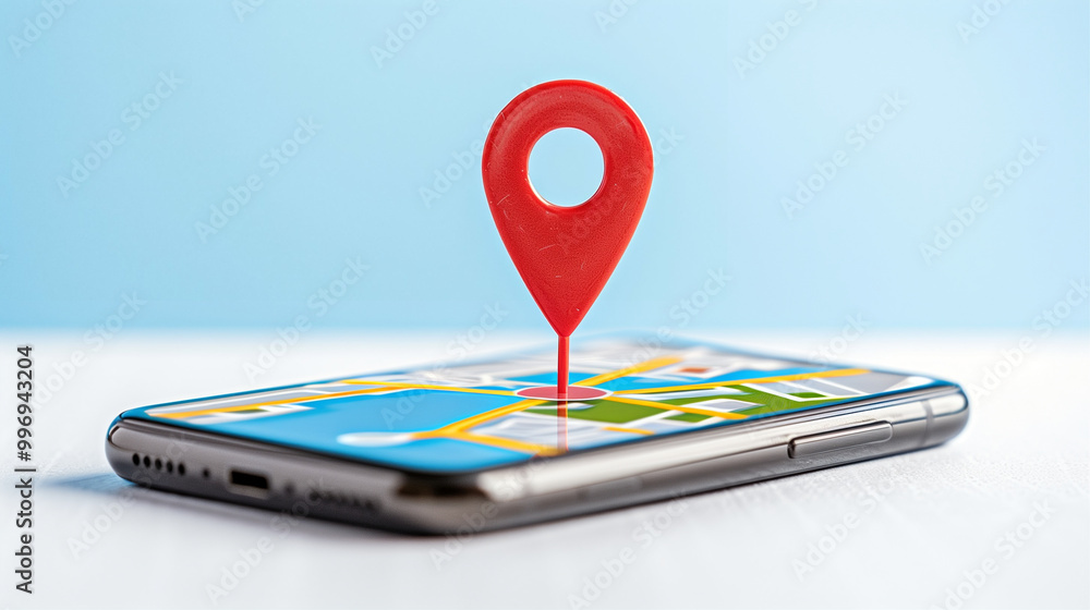 Poster smartphone with map and location pin on screen displaying navigation and directions