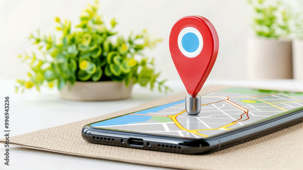 Poster smartphone with map and location pin on screen displaying navigation and directions for travel