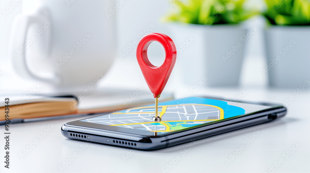 Poster smartphone with location pin on map marker showing navigation and gps technology