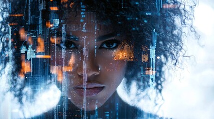 Black female IT computer technician analysing stock cyber threats. African-American software developer. AR female computer technician.