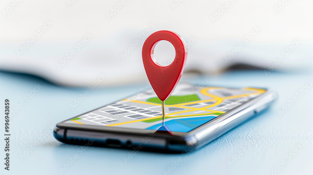 Poster Smartphone with location pin on map displaying navigation feature and travel context in modern technology