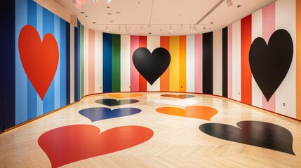 Bold, abstract designs and vibrant colors create a dynamic floor and wall background