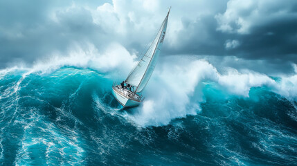 A sailboat navigating a towering wave during a stormy sea in an intense, dynamic atmosphere