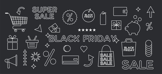 Black Friday Icons Set. White Marketing Elements on Black Background. Shopping, Discount, and Sale Symbols. Vector flat illustration of Gift Box, Tag, Bags, Megaphone and Percentage. © Diana