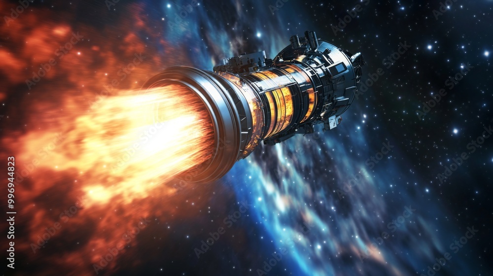 Poster A dynamic rocket engine fires up with intense flames, propelling itself into the depths of space. Surrounding stars twinkle in the black expanse, creating a dramatic and futuristic atmosphere.