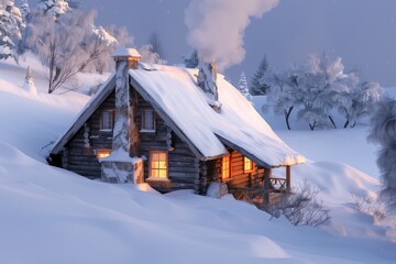 Naklejka premium A cozy winter cabin with a snow-covered roof, nestled in a snowy landscape. The house has a warm glow from the windows and a chimney with smoke rising into the crisp air.