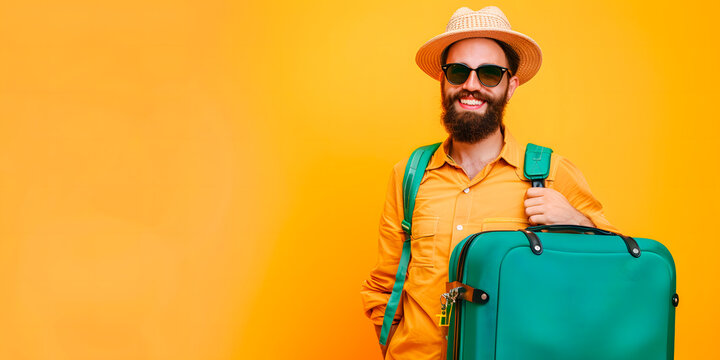 Hombre delgado con barba y una maleta en fondo amarillo concepto de viaje 
