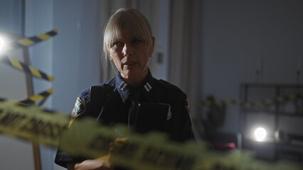 Mature policewoman investigates a dimly lit indoor crime scene with caution tape