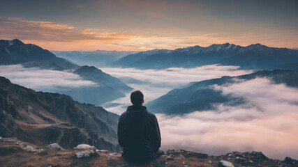  A metaphorical image of a contemplating lonely man. Young man thinking about things in life. AI generated image