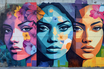 Obraz premium mural street art graffiti on the wall. Abstract pastel color woman faces with flowers 