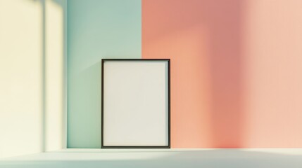 A large empty frame stands prominently in a museum, showcasing a white paper poster mockup. The surrounding walls are painted in soft pastel colors, enhancing the aesthetic