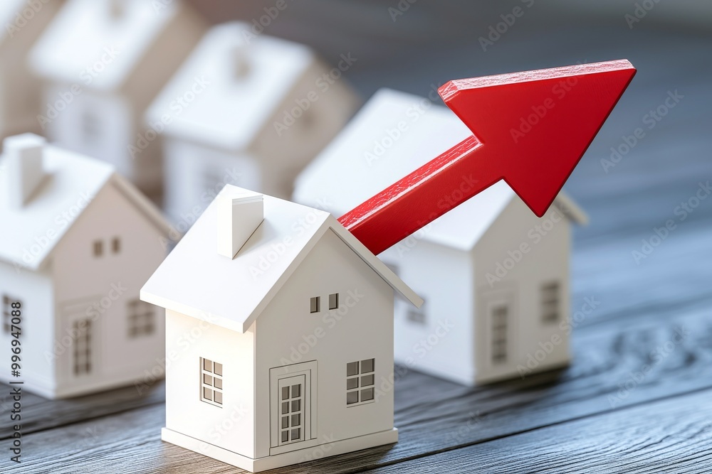 Poster three dimensional rendering of a red upward arrow on a white background, accompanied by a white bar 