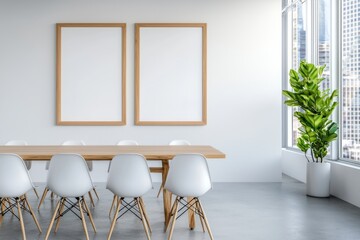 With couches and eating areas, a window, and a mockup frame, this is a stylish interior for relaxation